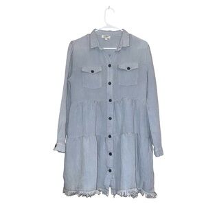Umgee Light Denim Tiered Button Front Frayed Hem Dress Sz S